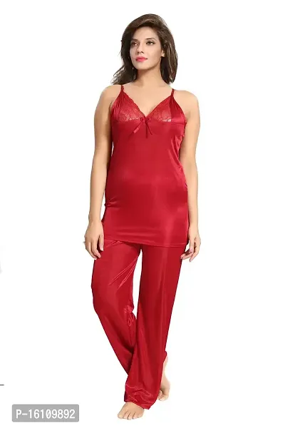 Be You Satin Night Suits for Women/Top  Pyjama Set/Free Size Maroon