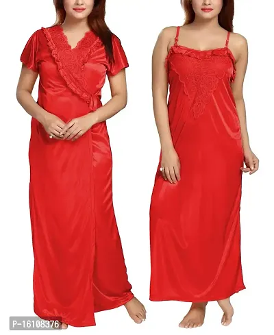 Be You Women's Satin Nighty with Robe Set (Red,Free Size)-thumb0