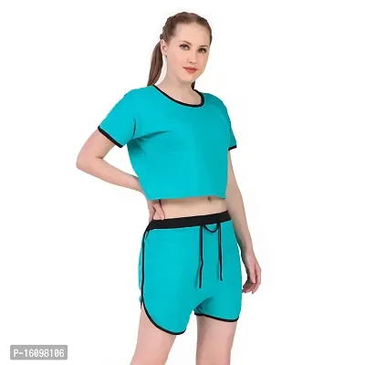 Peignoir Solid Cotton Crop Top  Shorts Set for Women-thumb3