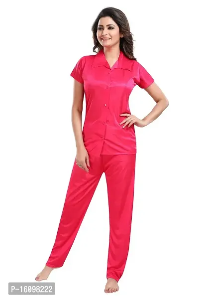 Be You Women Satin Shirt  Pyjama Night Suit (Pink)