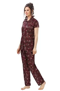 Peignoir Printed Satin Shirt  Pyjama Night Suit for Women, Brown - L-thumb3