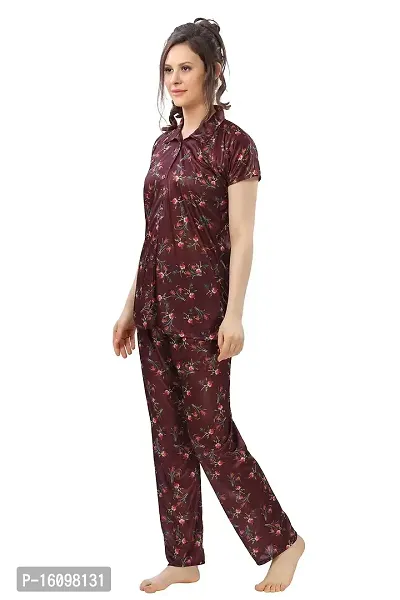 Peignoir Printed Satin Shirt  Pyjama Night Suit for Women, Brown - L-thumb4