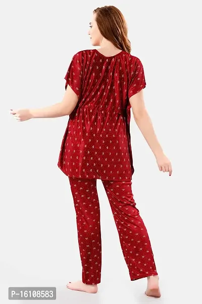 Be You Printed Satin Kaftan Night Suit for Women, Maroon - Free Size-thumb2