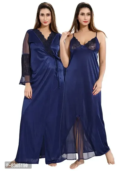 Lovira Navy Blue Solid Nighty Sets/Nighty with Robe for Women (Free Size)-thumb0