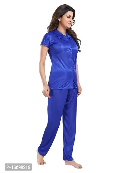 Be You Women Satin Shirt  Pyjama Night Suit (Royal Blue)-thumb3