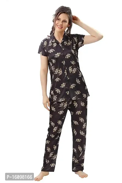 Peignoir Printed Satin Shirt  Pyjama Night Suit for Women, Black - L