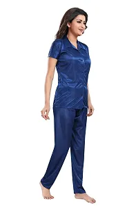 Be You Women Satin Shirt  Pyjama Night Suit (Dark Blue)-thumb2