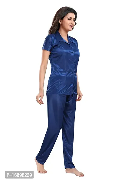 Be You Women Satin Shirt  Pyjama Night Suit (Dark Blue)-thumb3