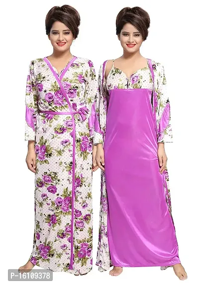 Be You Women Satin Floral Robe  Nighty Set - Purple - Free Size