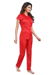 Be You Women Satin Shirt  Pyjama Night Suit (Red)-thumb2