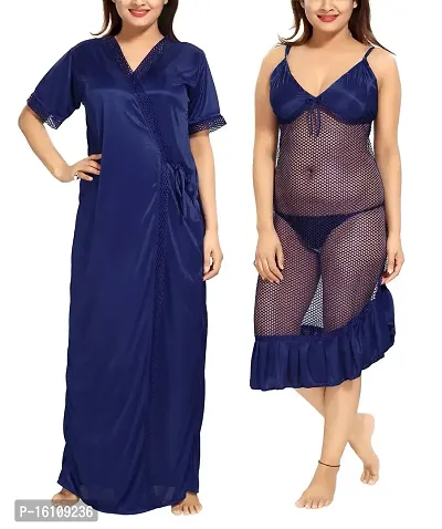 Be You Women's Satin Nighty with Robe (Navy Blue, Free Size)