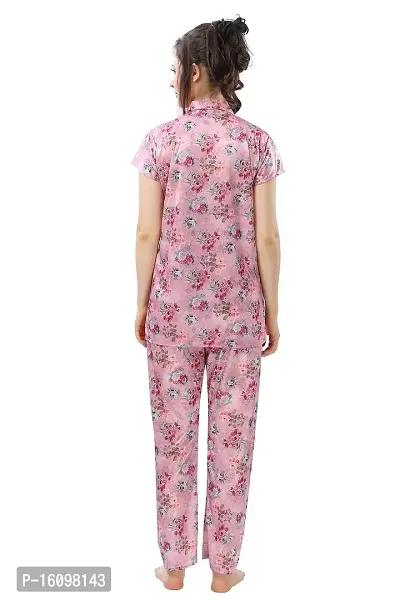 Peignoir Printed Satin Shirt  Pyjama Night Suit for Women, Pink - L-thumb2