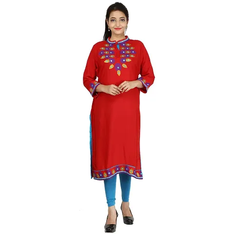 Be You Rayon Embroidered Stitched Straight Kurti/Kurta