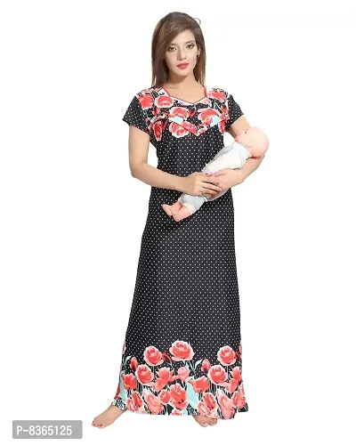 Lovira Women's Satin Floral Maxi Night Gown (LVR-GOWN-953_Black_Free Size)