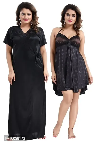 Peignoir Polka Dot Satin Baby Doll Nighty with Robe for Women, Black - Free Size-thumb0