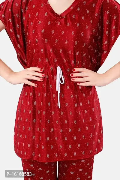 Be You Printed Satin Kaftan Night Suit for Women, Maroon - Free Size-thumb5