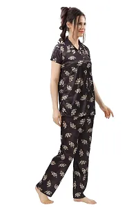 Peignoir Printed Satin Shirt  Pyjama Night Suit for Women, Black - L-thumb4