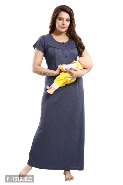 Be You Striped Cotton Maternity Gown/Feeding Gown for Women, Blue - L