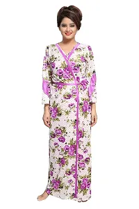 Be You Women Satin Floral Robe  Nighty Set - Purple - Free Size-thumb2