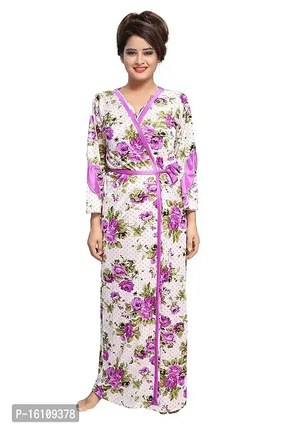 Be You Women Satin Floral Robe  Nighty Set - Purple - Free Size-thumb3