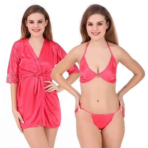 Peignoir Solid Satin Nightwear Set (1 Robe, 1 Bra, 1 Panty) for Women