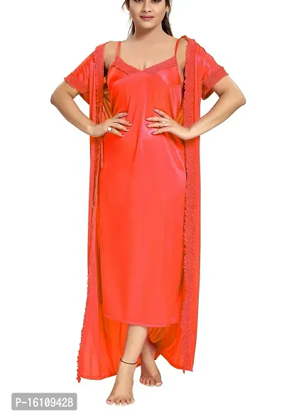 Be You Satin Solid Women 2 Pcs Nightwear Set Red-thumb4