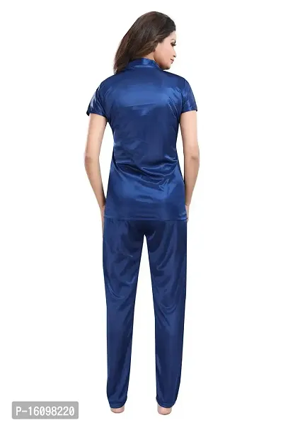 Be You Women Satin Shirt  Pyjama Night Suit (Dark Blue)-thumb2