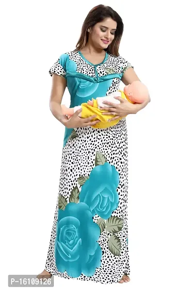 Be You Women's Satin Floral Maxi Maternity/Nursing/Feeding Nighty (BUF-GOWN-1581_Turquoise-Floral_Free Size)-thumb0