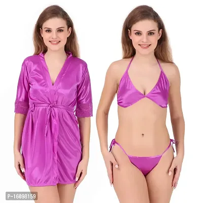 Peignoir Solid Satin Nightwear Set (1 Robe, 1 Bra, 1 Panty) for Women