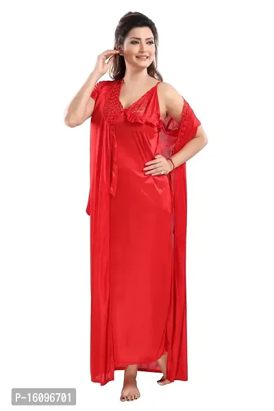 Be You Solid Women Satin Nighty with Robe (Red, Free Size)-thumb4