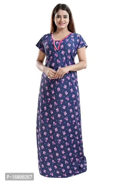 Be You Women's Satin Floral Maxi Nightgown (BUF-GOWN-1457-L_Navy Blue)