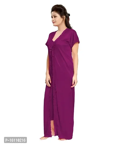 Be You Magenta Solid Women Satin Nighty with Robe (Free Size)-thumb5