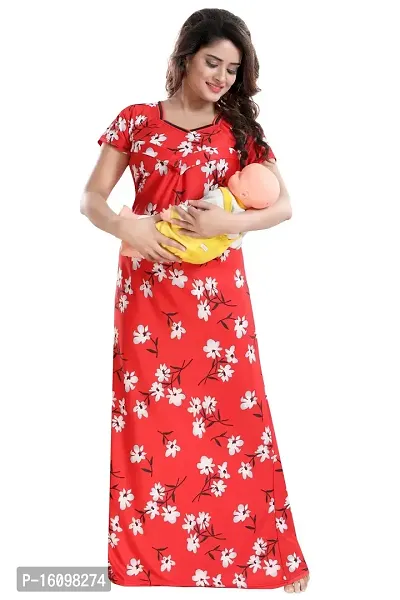 Be You Women's Satin Floral Maternity Nighty for Feeding (BUF-GOWN-1764, Chatak Red, Free Size)