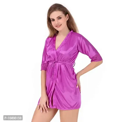 Peignoir Solid Satin Nightwear Set (1 Robe, 1 Bra, 1 Panty) for Women-thumb4