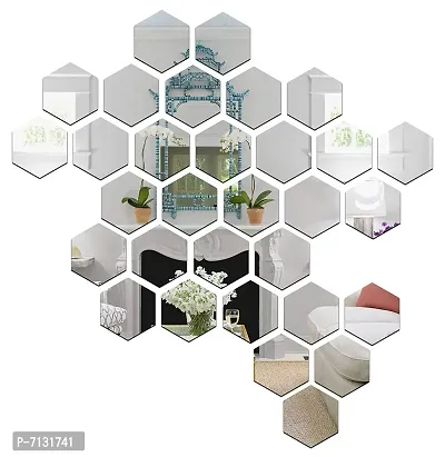 Designer 31 Hexagon And 10 Butterflies Silver Hexagon Acrylic Mirror Wall Stickers