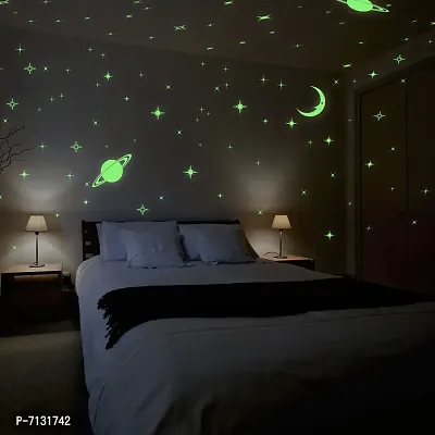 Designer Green Fluorescent Night Glow In The Dark Star Wall Sticker - Pack Of 134 , Big And Small Stars-thumb3