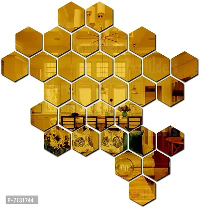 Designer 31 Hexagon And 10 Butterflies Golden Acrylic Hexagon Mirror Wall Stickers - 10.5 cm X 12.1 cm each Hexagon