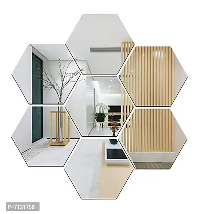 Designer 7 Acrylic Hexagon Mirror Wall Stickers - Silver, Each Hexagon Size 12.1 cm X 10.5-thumb0