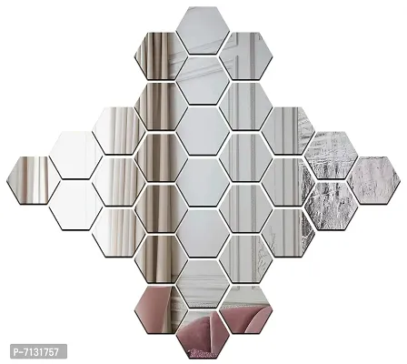 Designer Hexagon Mirror Stickers For Wall, Acrylic Mirror Wall Decor Sticker, Hexagonal Mirror Wall Sticker, Kitchen With - Silver-thumb0