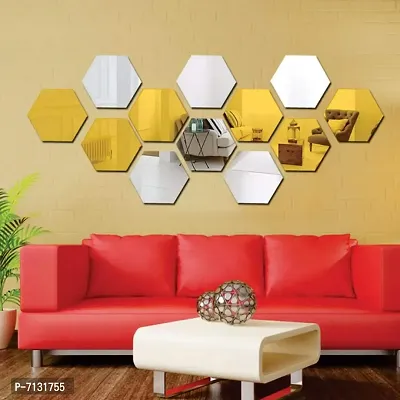 Designer - Hexagon 6 Silver And 6 Golden - Pack Of 12 3D Wall Decor 3D Acrylic Mirror Wall Stickers