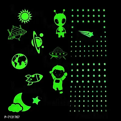 Designer Green  Fluorescent Night Glow In The Dark Star Wall Sticker - Pack Of 134 Stars Big And Small, Radium Sticker - Galaxy Stars