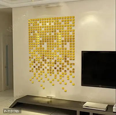 Designer 300 Squares 3 cm, Acrylic Mirror Wall Decor Sticker For Wall - Golden
