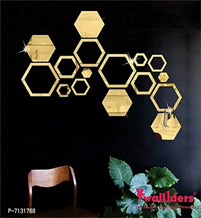 Designer 4 Hexagon And 12 Hexagon Shapes Different Size Golden Mirror Stickers For Wall - Golden
