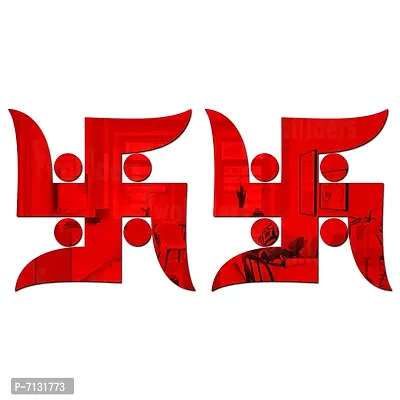 Designer 2 Swastik Mirror Stickers For Wall, Kitchen - Red