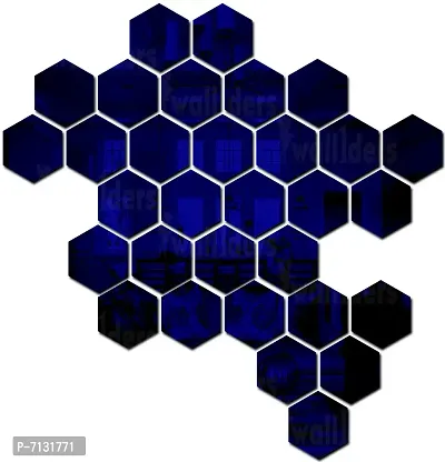 Designer 31 Hexagon And 10 Butterflies Blue Wall Decor Sticker For Wall - Each Hexagon Size 10.5 cm X 12.1 cm