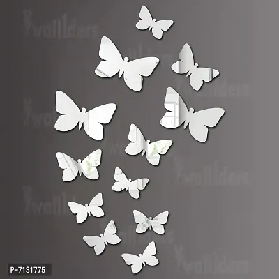 Designer 12 Butterflies 3 Size Silver, Acrylic Mirror Wall Decor Sticker For Wall
