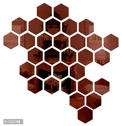 Designer Hexagon Mirror Wall Stickers For Wall  - Brown, Size 10.5 X 12 cm Pack Of 31 With 10 Butterflies
