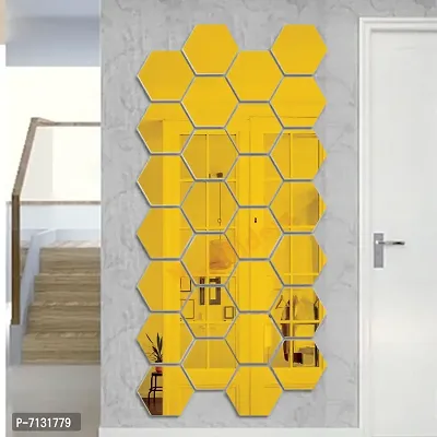 Designer 28 Hexagon And 10 Butterflies Golden Acrylic Mirror Wall Decor Sticker - Each Hexagon Size 10.5 cm X 12.1 cm