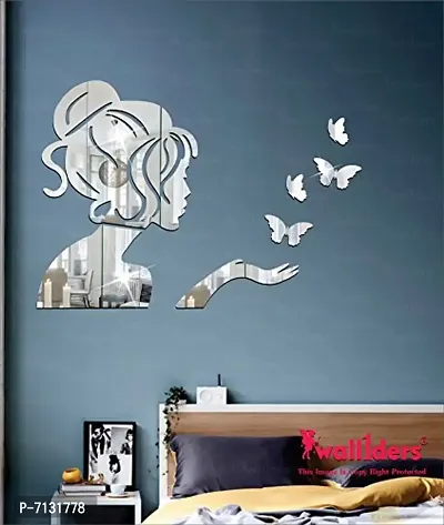 Designer Angel And 4 Butterflies Silver Acrylic Mirror Wall Decor Sticker For Wall - Silver-thumb0