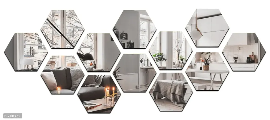 Designer 12 Hexagon Silver Acrylic Mirror Wall Decor Sticker For Wall - Each Hexagon Size 10.5 cm X 12.1 cm